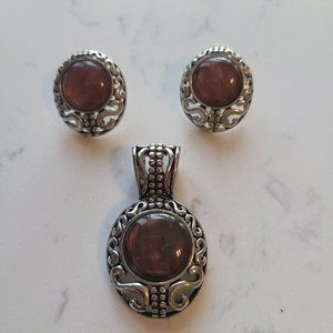 Avon Vintage Womens Filigree Silver Plated Gemstone Necklace Pendant Jewelry Set